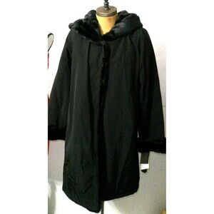 NWT $595 Jane Post M Womens Pile Lined Storm Coat Black Hood Faux Fur New Long